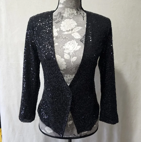 NWT Black Express Sequin 3/4 Sleeve Singke Button Blazer S - Picture 5 of 7
